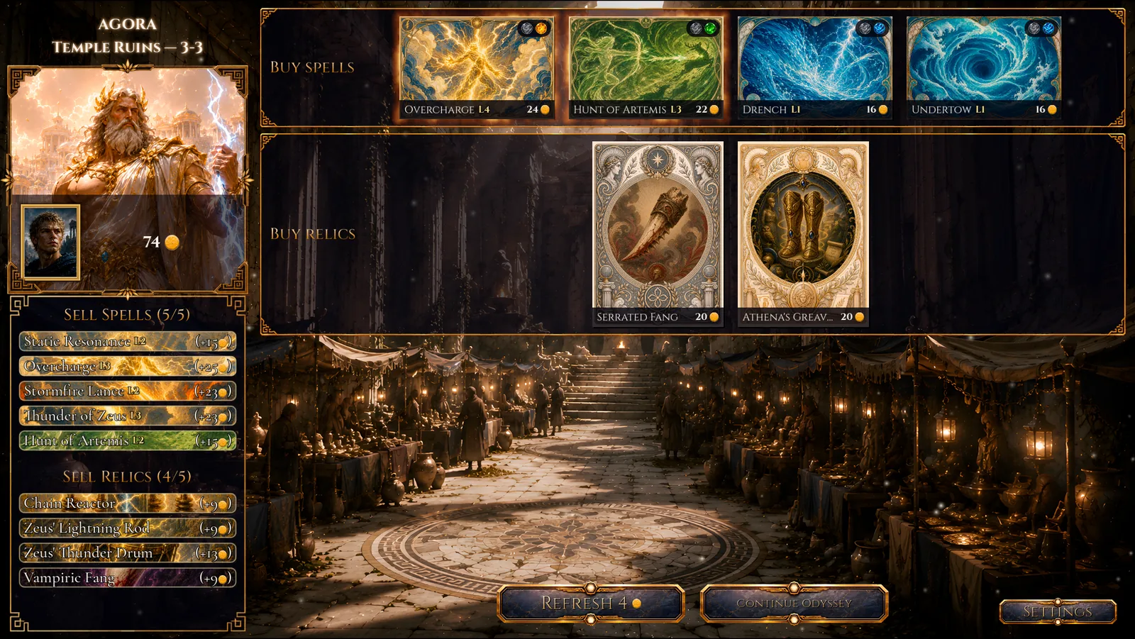 The Agora in Devotheon, showing spells and relics for sale